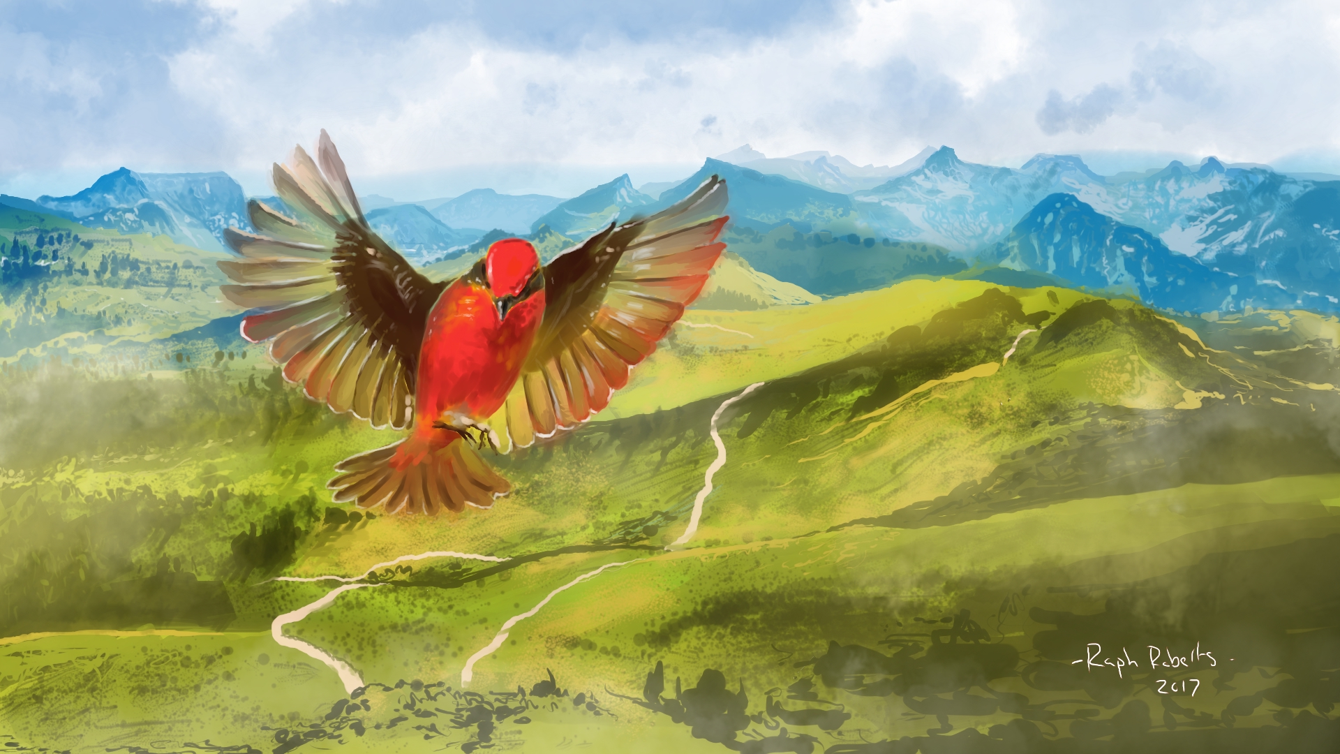 A painting of a red bird